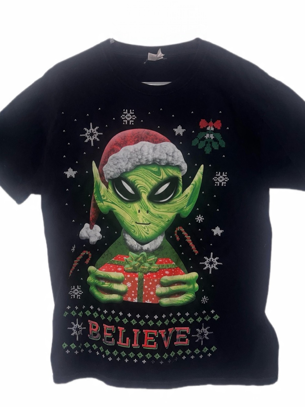 Mens Black Christmas Alien 'Believe' Graphic Tee Holiday ugly sweater Large